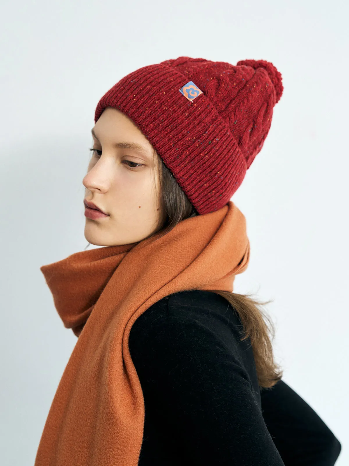 "Pom Pom" Cable Knit Wool Beanie Hat - Wine Red