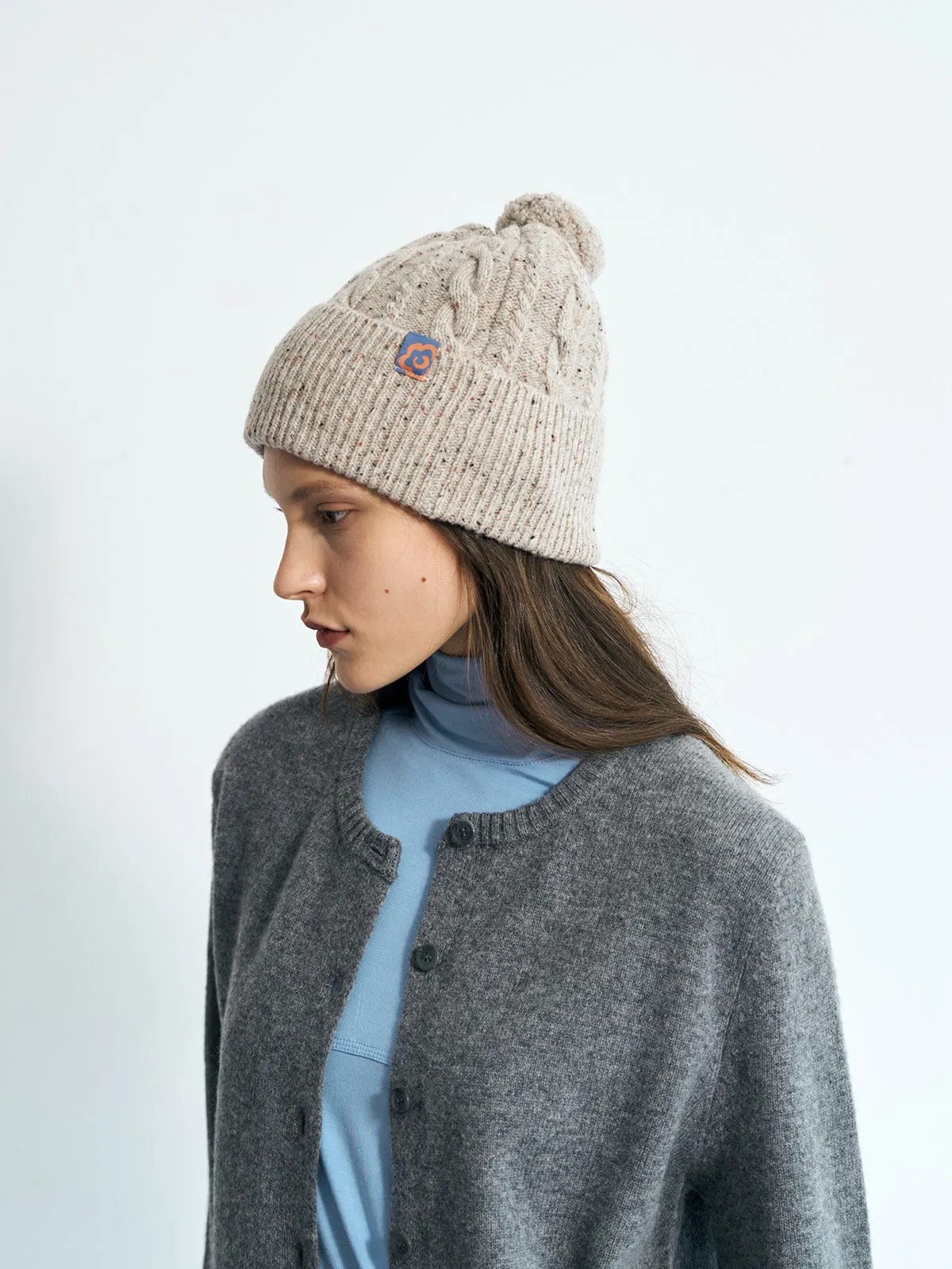 "Pom Pom" Cable Knit Wool Beanie - Silver Grey