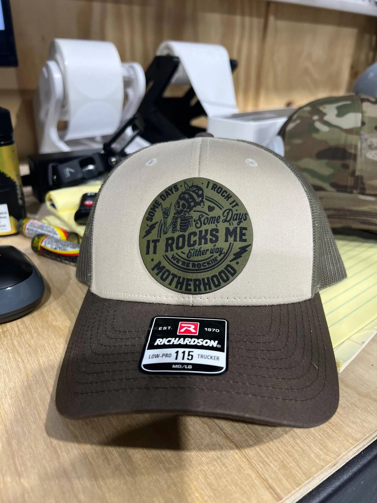 Rocking Motherhood Some Days I Rock it and Some Days it Rocks ME! Leatherette Patch on Richardson 115 Trucker Hat Womens Hat