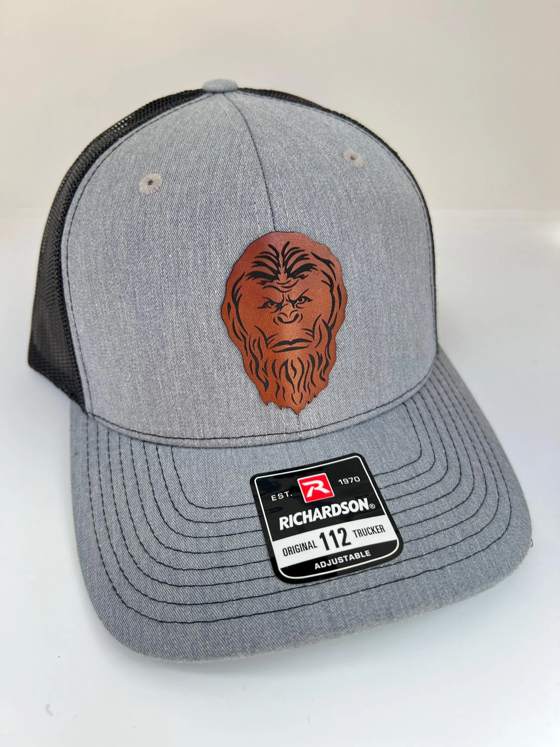 Sasquatch Hat. Christmas gift for Big Foot Hunters. Yeti Enthusiasts Richardson 112 leather patch trucker. Great Dad gift.