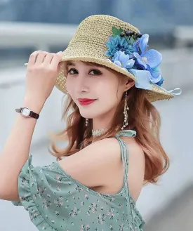 Summer Beach Flower Large Straw Soven Foldable Sunshade Hat YU1022