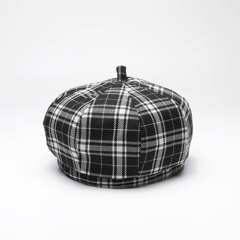 Vintage checked wool beret black and white checked pumpkin hat