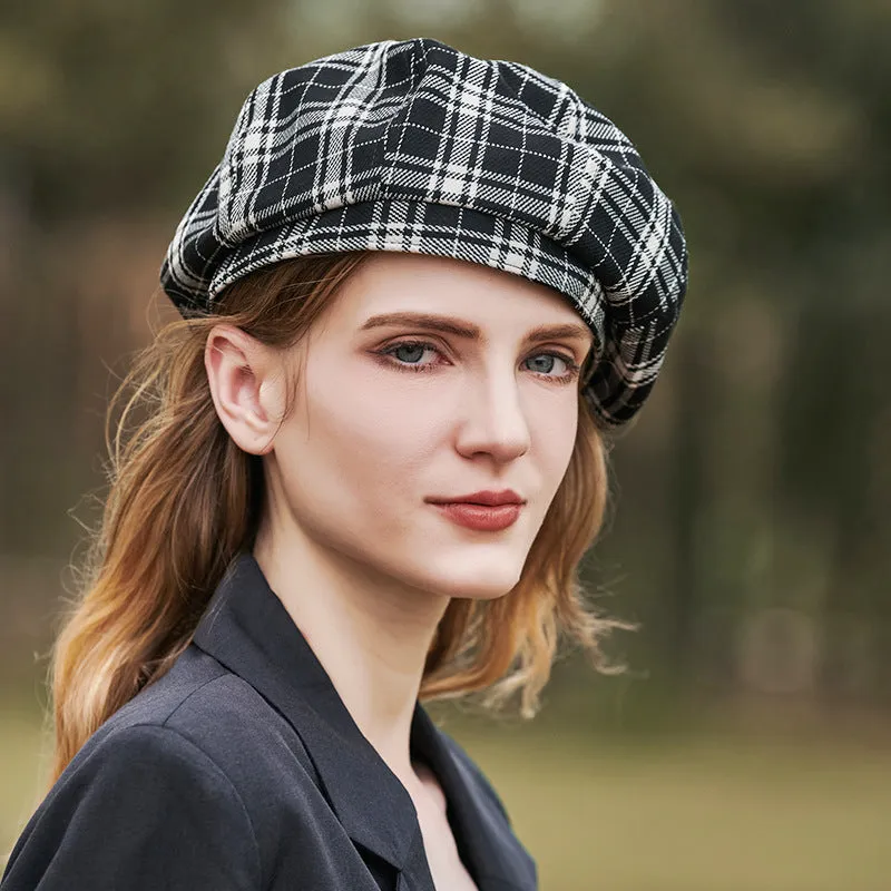 Vintage checked wool beret black and white checked pumpkin hat