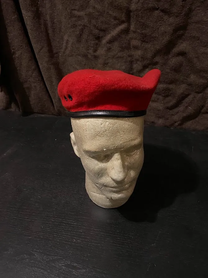 Vintage Wool Red Beret With Leather Trim