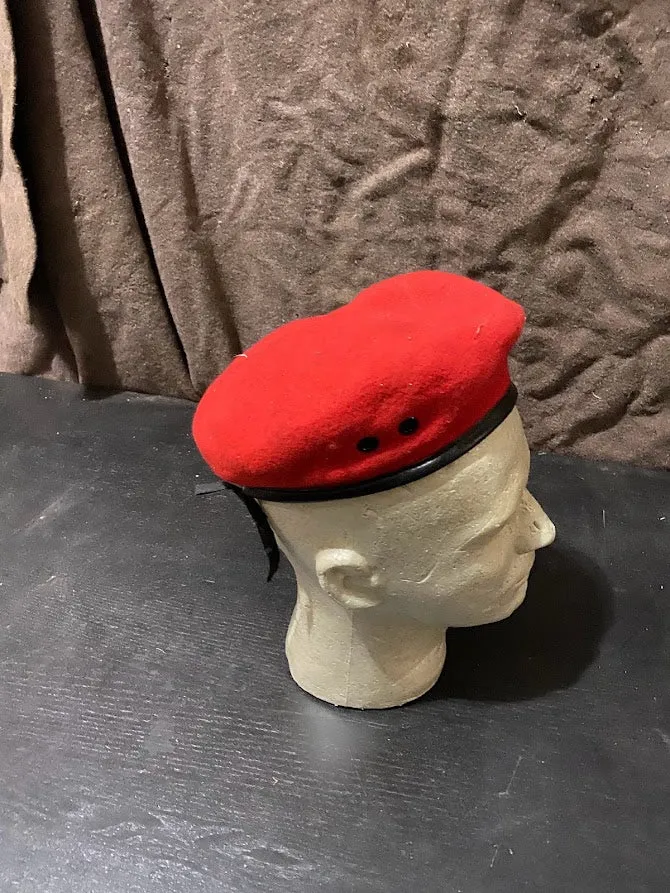 Vintage Wool Red Beret With Leather Trim