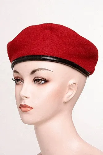 Vintage Wool Red Beret With Leather Trim