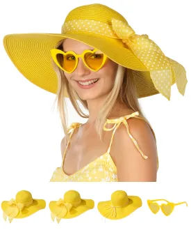 Wide Brim Sun Hats for Women - Floppy Straw Hat with Heart Shape Glasses - Foldable Large Summer Hat - Big Roll Up Beach Cap - UPF 50  ( Yellow ) - FUNCREDIBLE