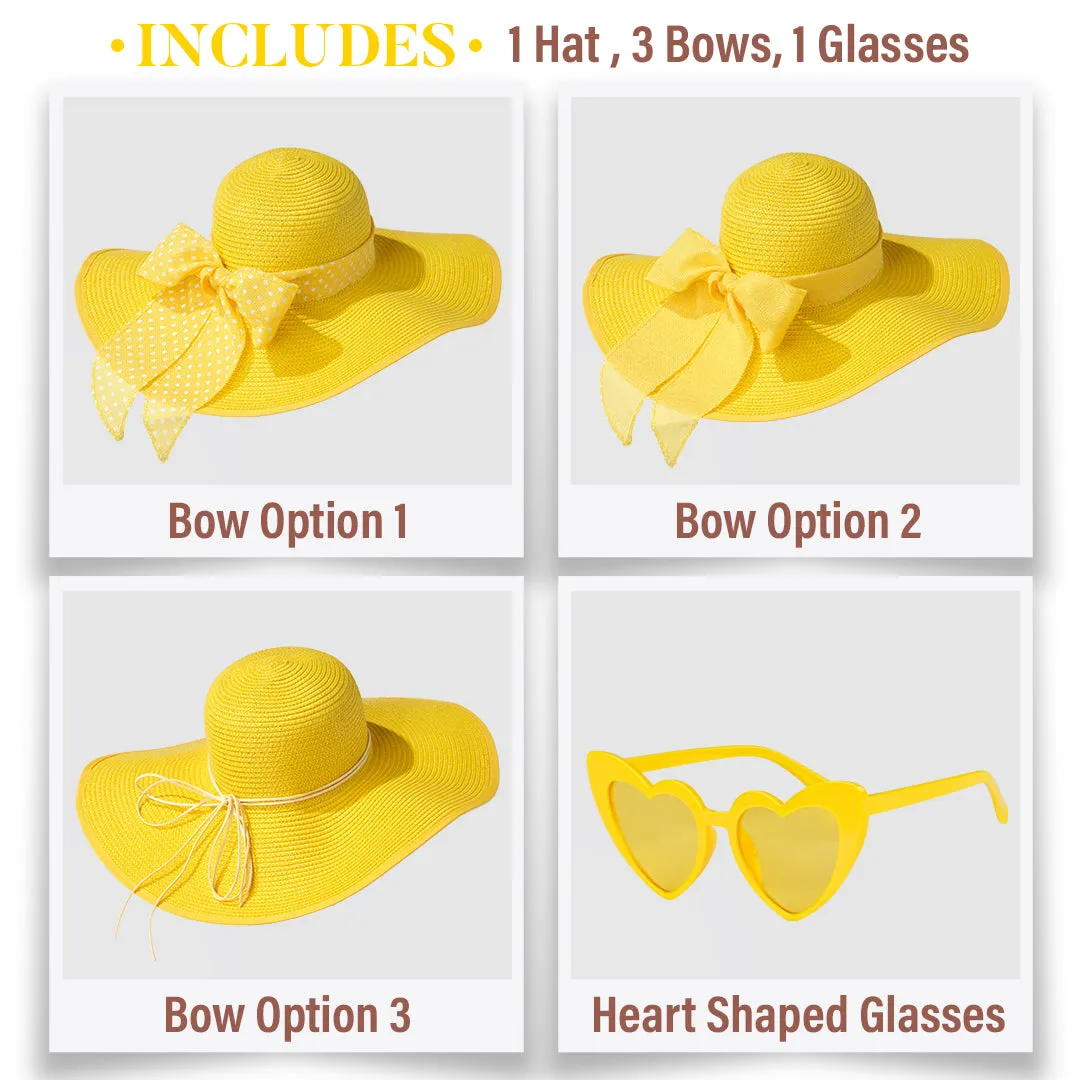 Wide Brim Sun Hats for Women - Floppy Straw Hat with Heart Shape Glasses - Foldable Large Summer Hat - Big Roll Up Beach Cap - UPF 50  ( Yellow ) - FUNCREDIBLE