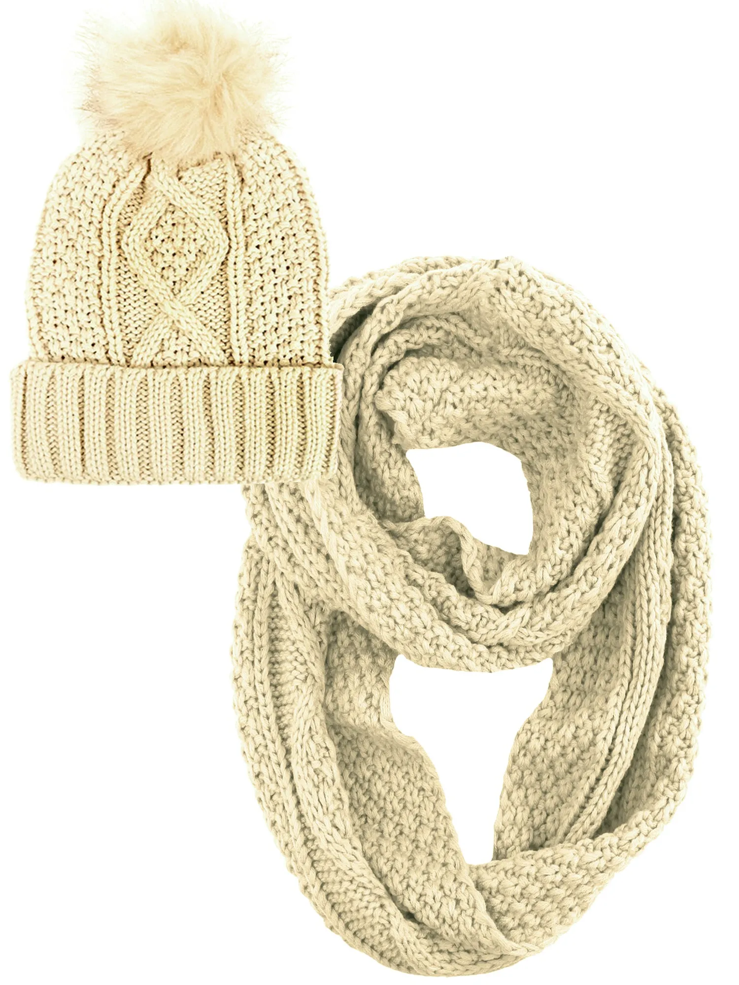 Winter Knit Circle Scarf and Beanie Hat Set With Fur Pom Pom