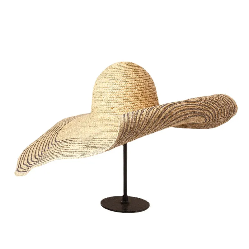 Woman Handmade Wild Brim Visor Color Stripe Vacation Beach Sun Hat Natural Raffia Rolled-up Brim Straw Hat