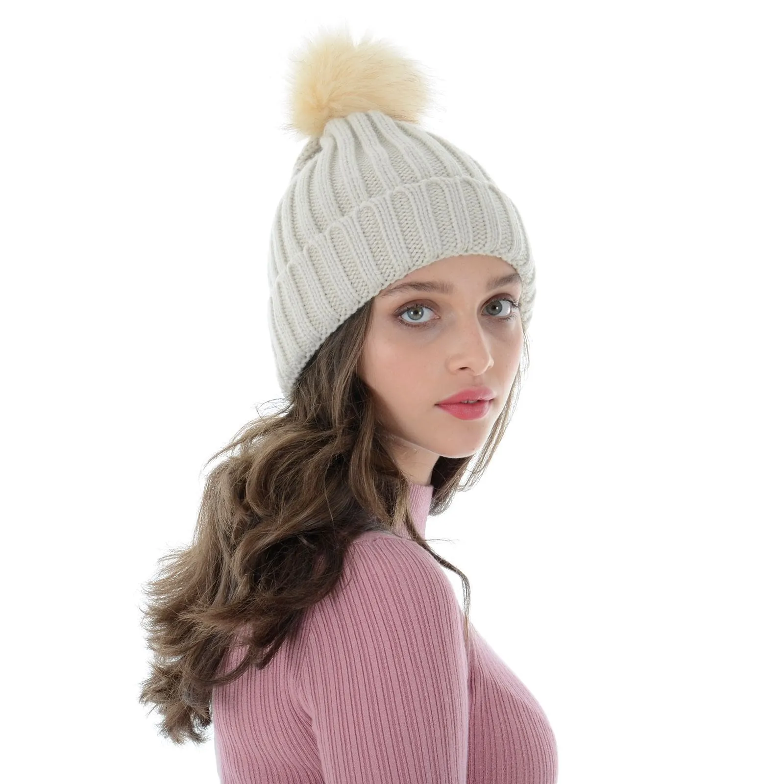 Womens Pom Pom Bobble Beanie Hat Knitted Faux Fur 5 Colours