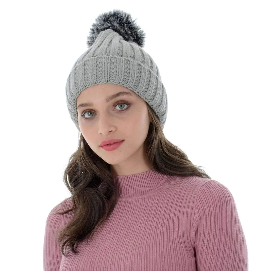 Womens Pom Pom Bobble Beanie Hat Knitted Faux Fur 5 Colours